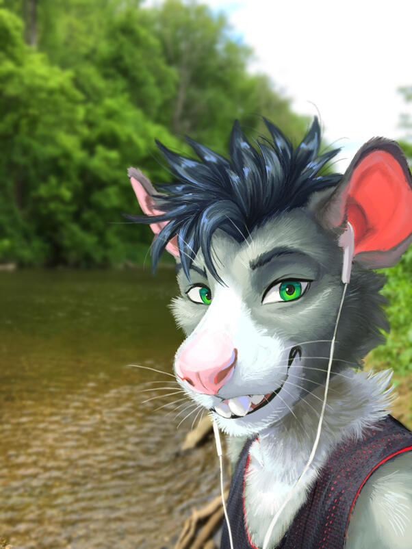A draw-over style picture of Leonhard created by Twitter user @SkiaSkai. He is a rat in a sleeveless jersey and wearing earbuds with a river in the background.